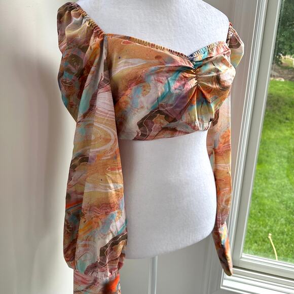 Festival Pastel Marble Boho Fairy Ruched Crop Blouse Long Sleeve 4 / Small NWT - Picture 5 of 10